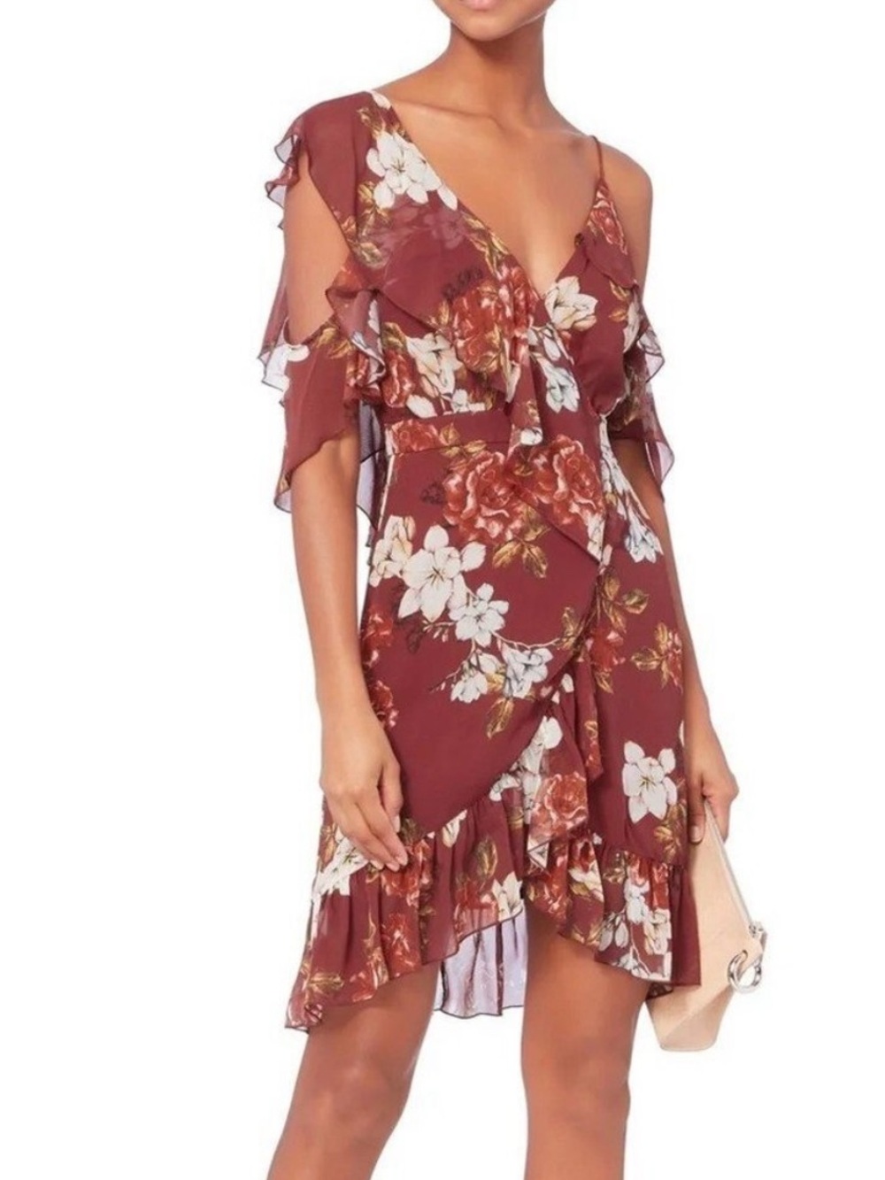 NICHOLAS Celeste Ruffle Floral Buegundy Mini Dress